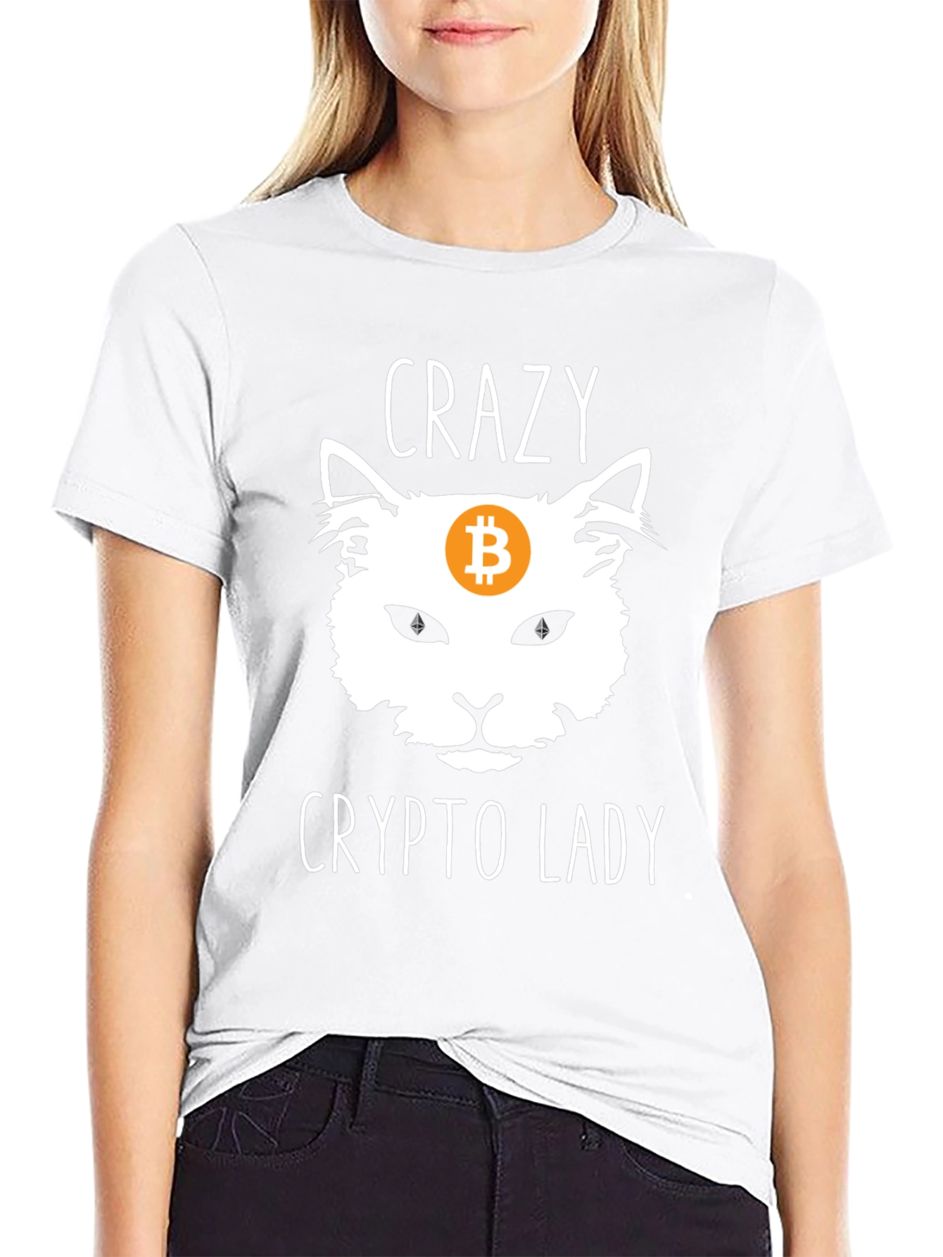 Crazy Crypto Lady T-Shirt - Bitcoin Cat Design