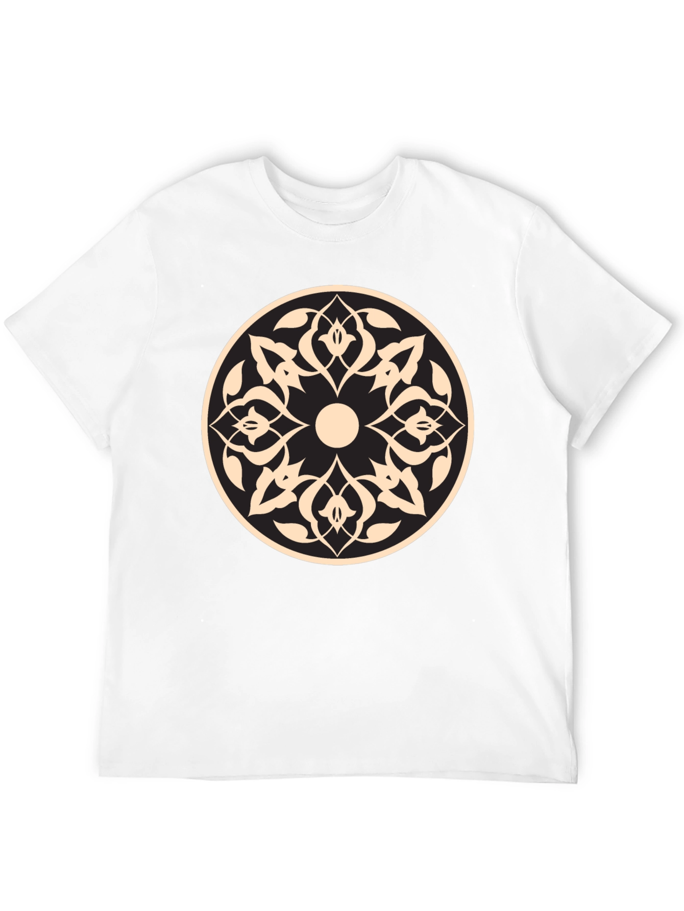Black T-Shirt with Beige Geometric Mandala Design
