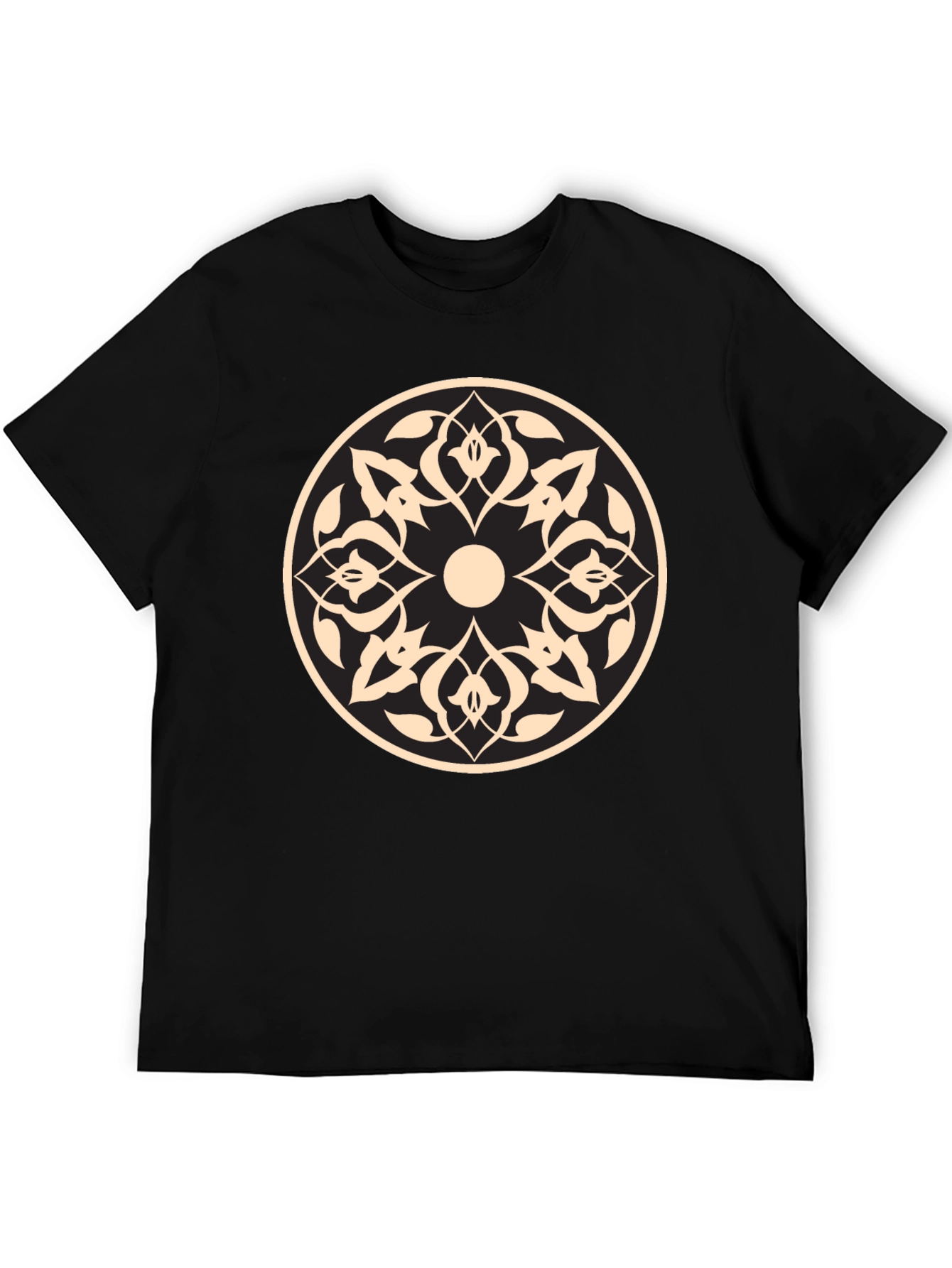 Black T-Shirt with Beige Geometric Mandala Design