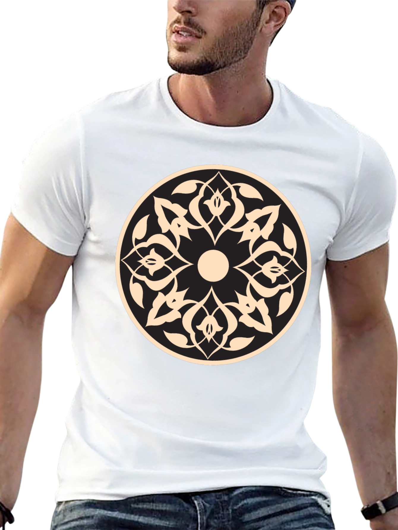 Black T-Shirt with Beige Geometric Mandala Design