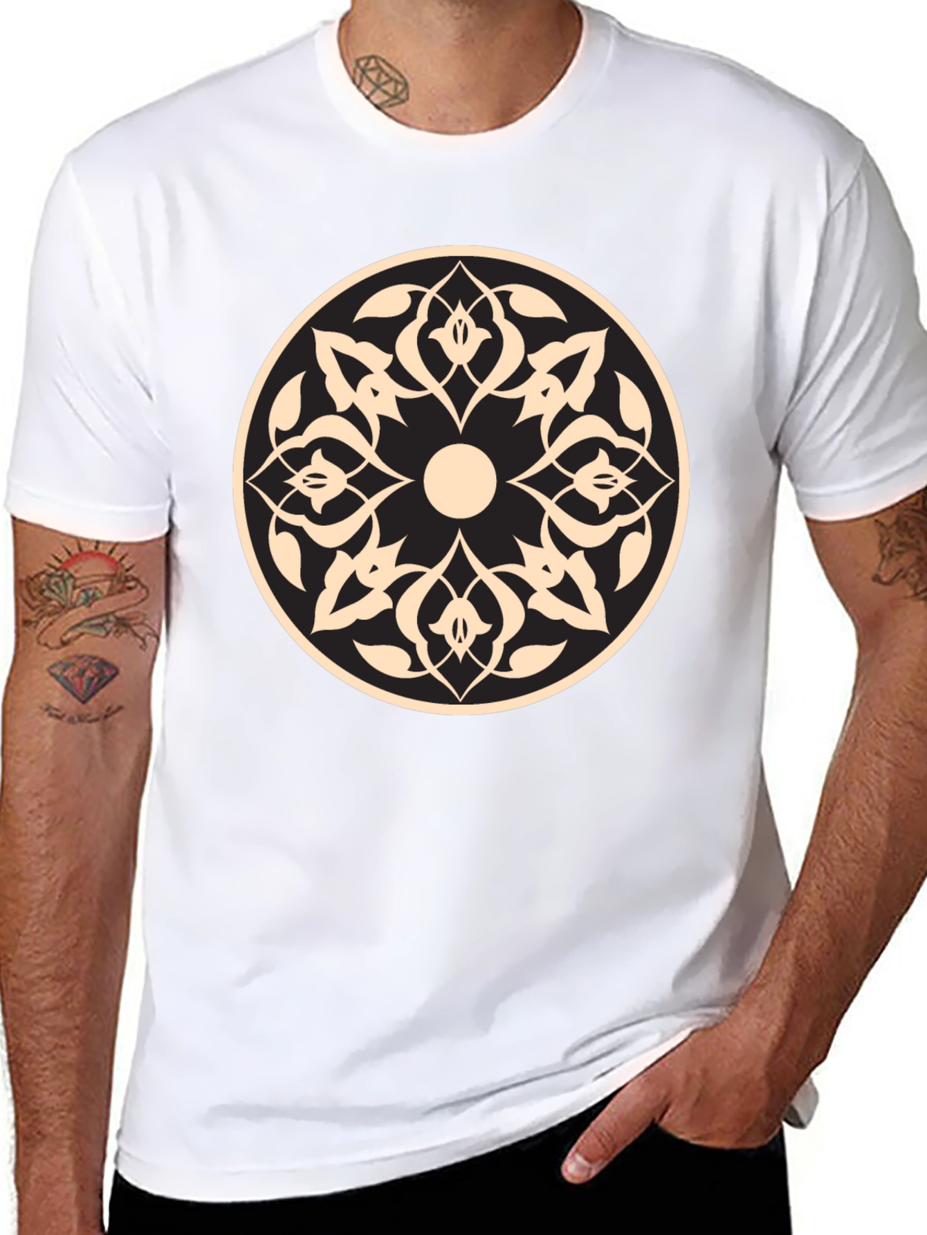 Black T-Shirt with Beige Geometric Mandala Design