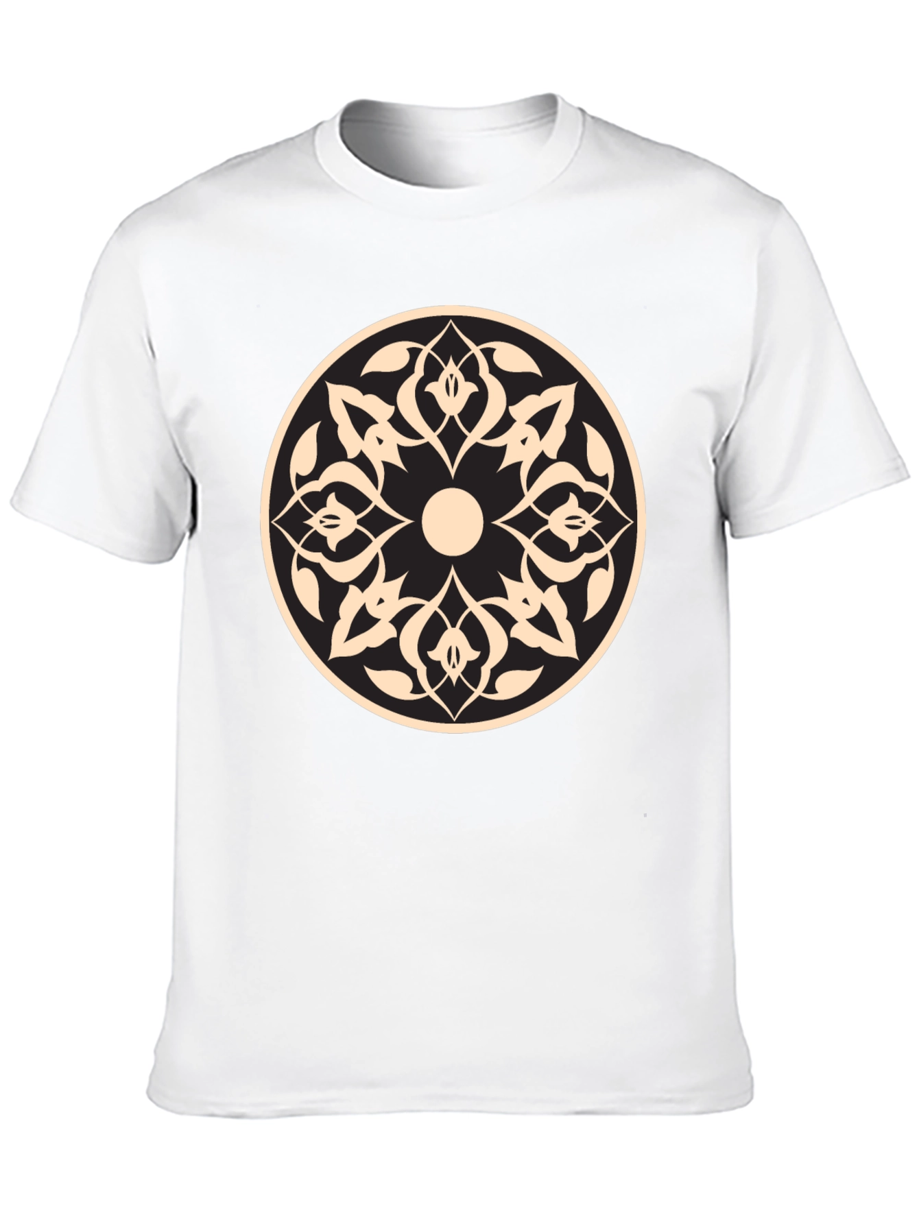 Black T-Shirt with Beige Geometric Mandala Design