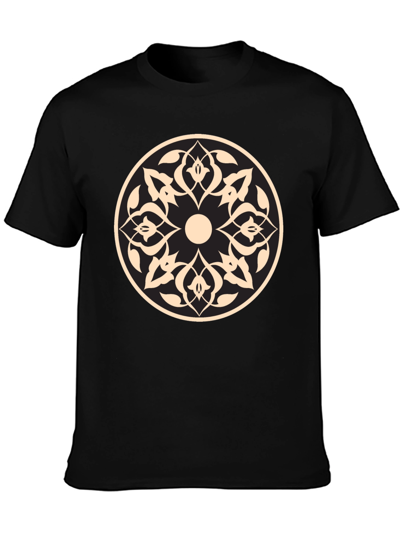 Black T-Shirt with Beige Geometric Mandala Design