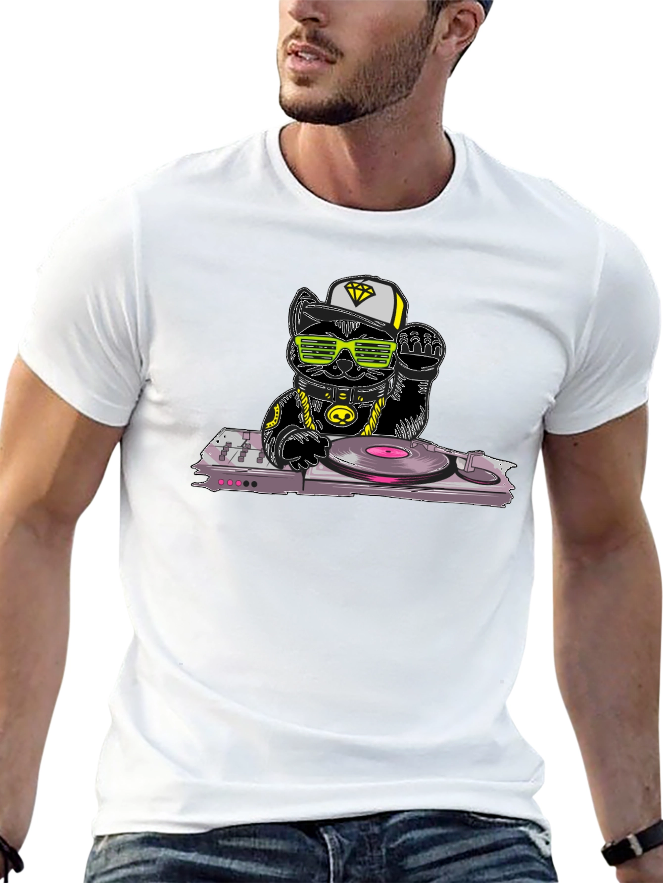 DJ Cat Graphic T-Shirt - Cool Kitten Turntable Design