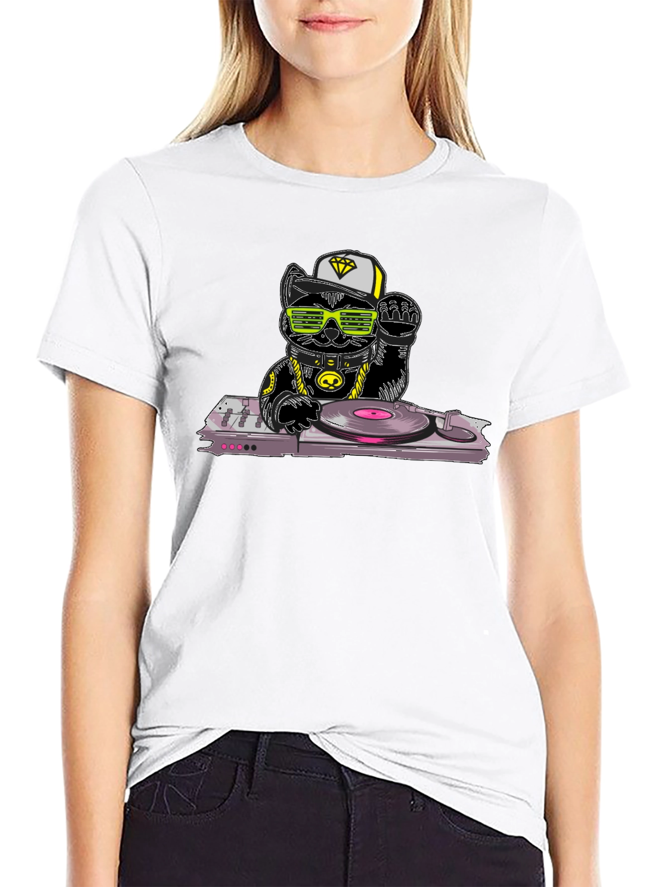 DJ Cat Graphic T-Shirt - Cool Kitten Turntable Design