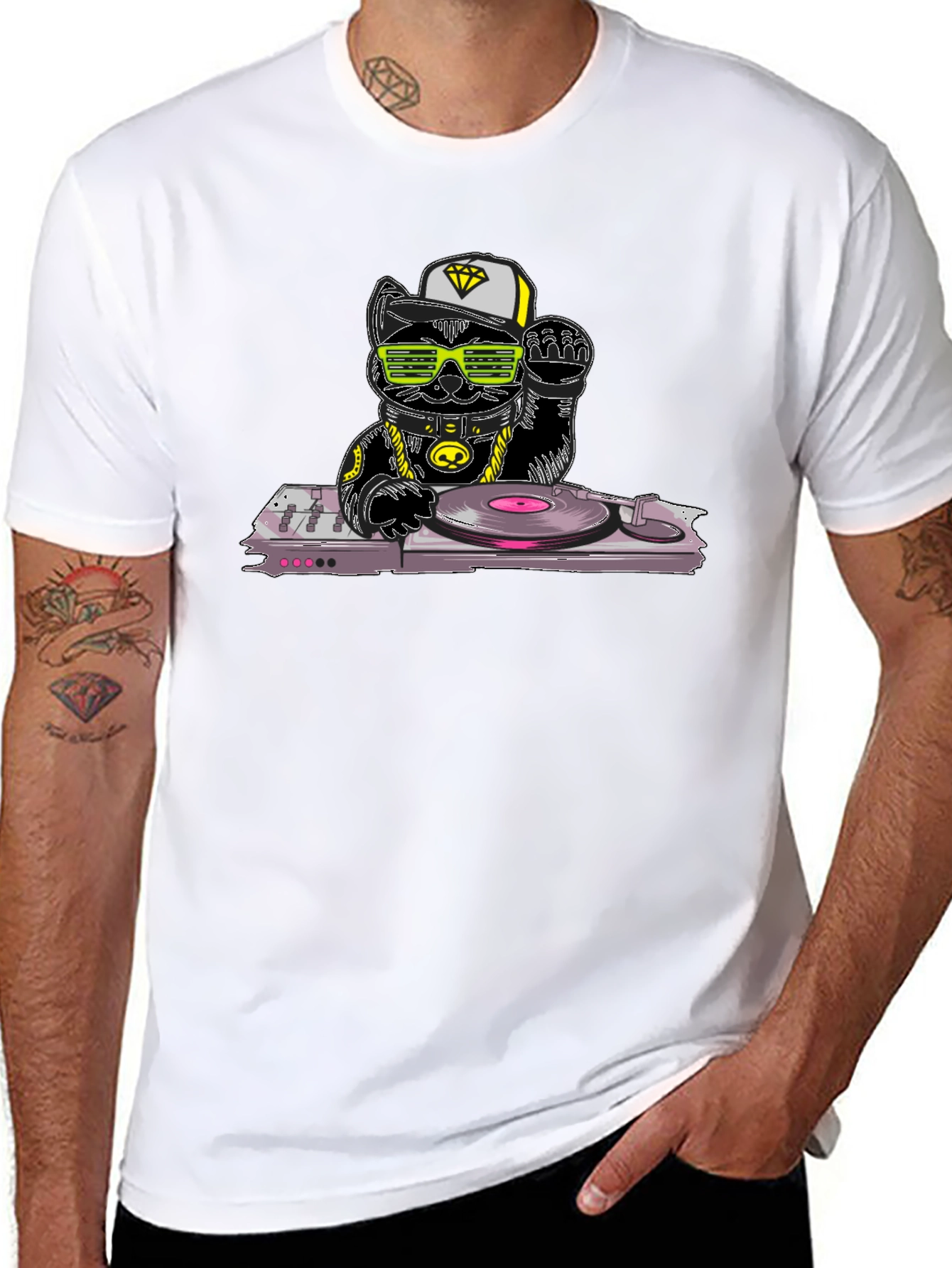 DJ Cat Graphic T-Shirt - Cool Kitten Turntable Design