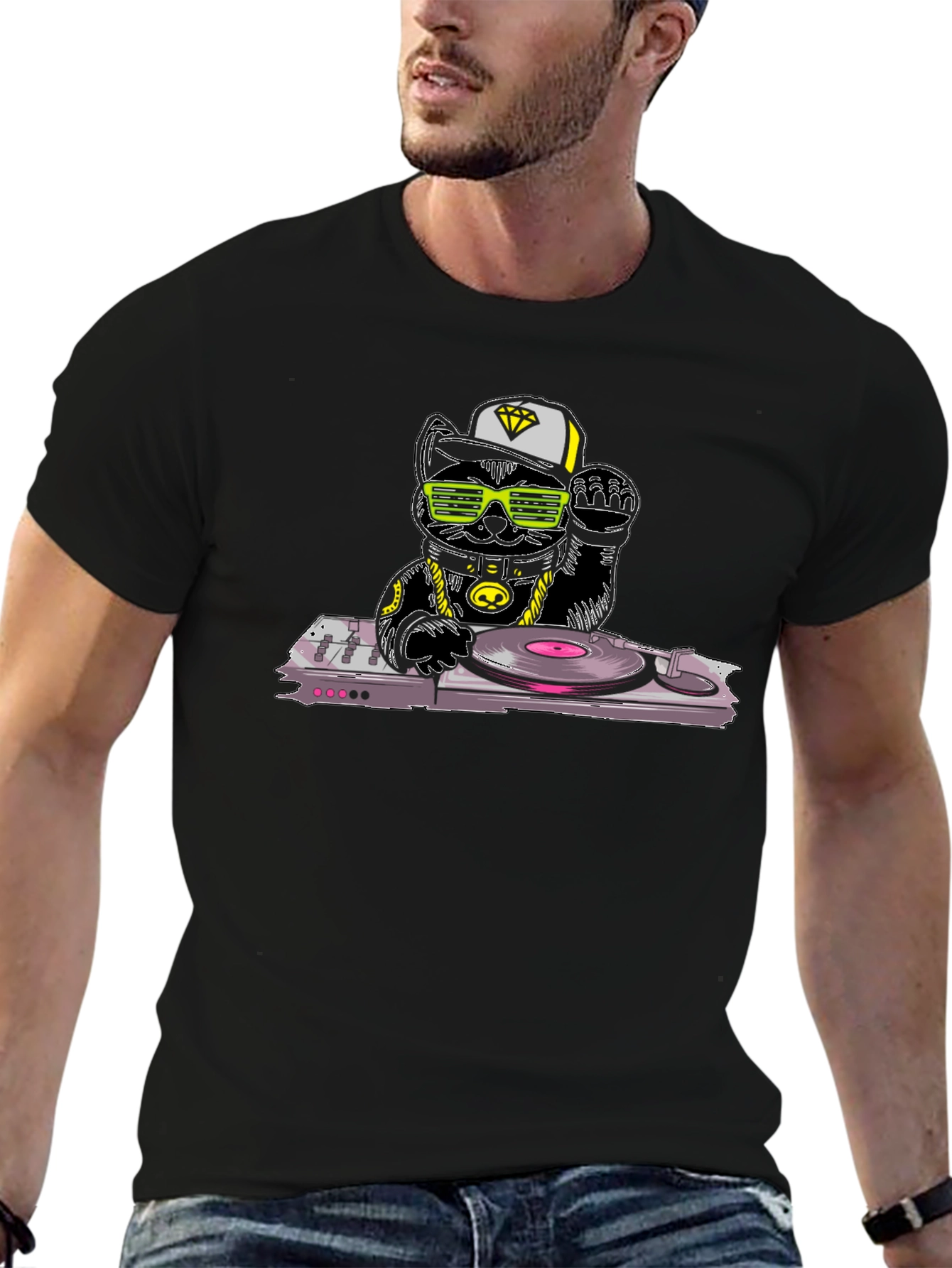 DJ Cat Graphic T-Shirt - Cool Kitten Turntable Design