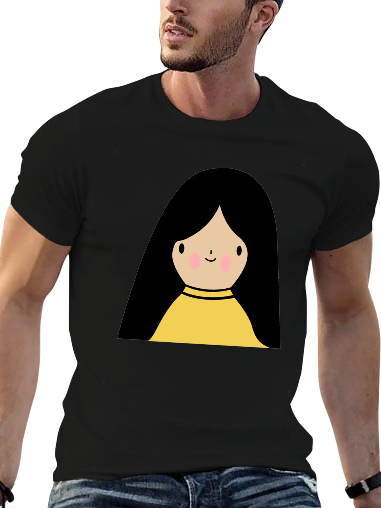 Cute Cartoon Girl Graphic Black T-Shirt