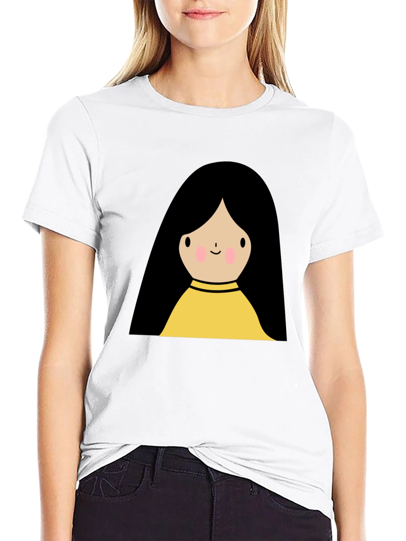 Cute Cartoon Girl Graphic Black T-Shirt