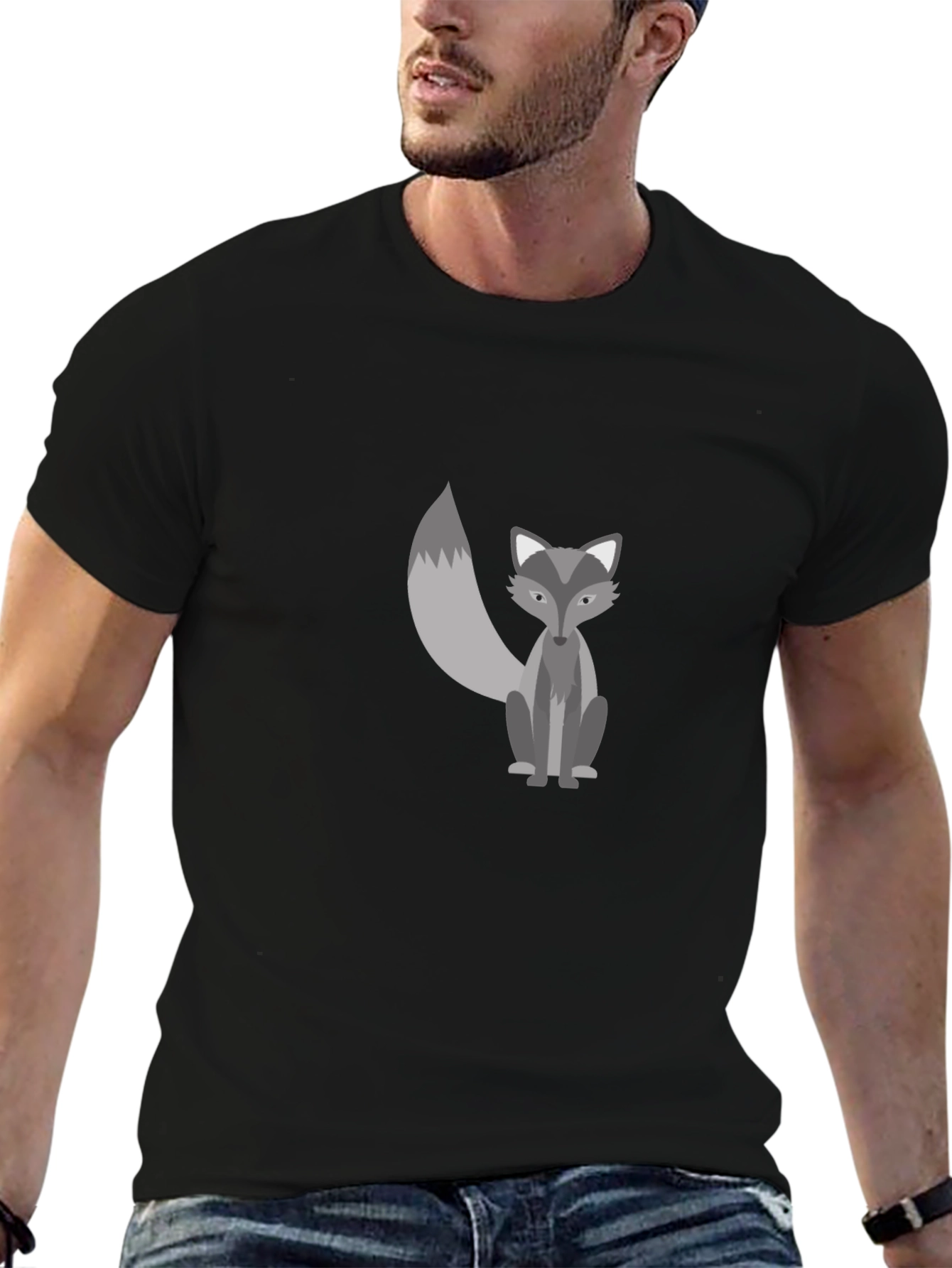 Mens Black Graphic Tee - Cute Fox Design