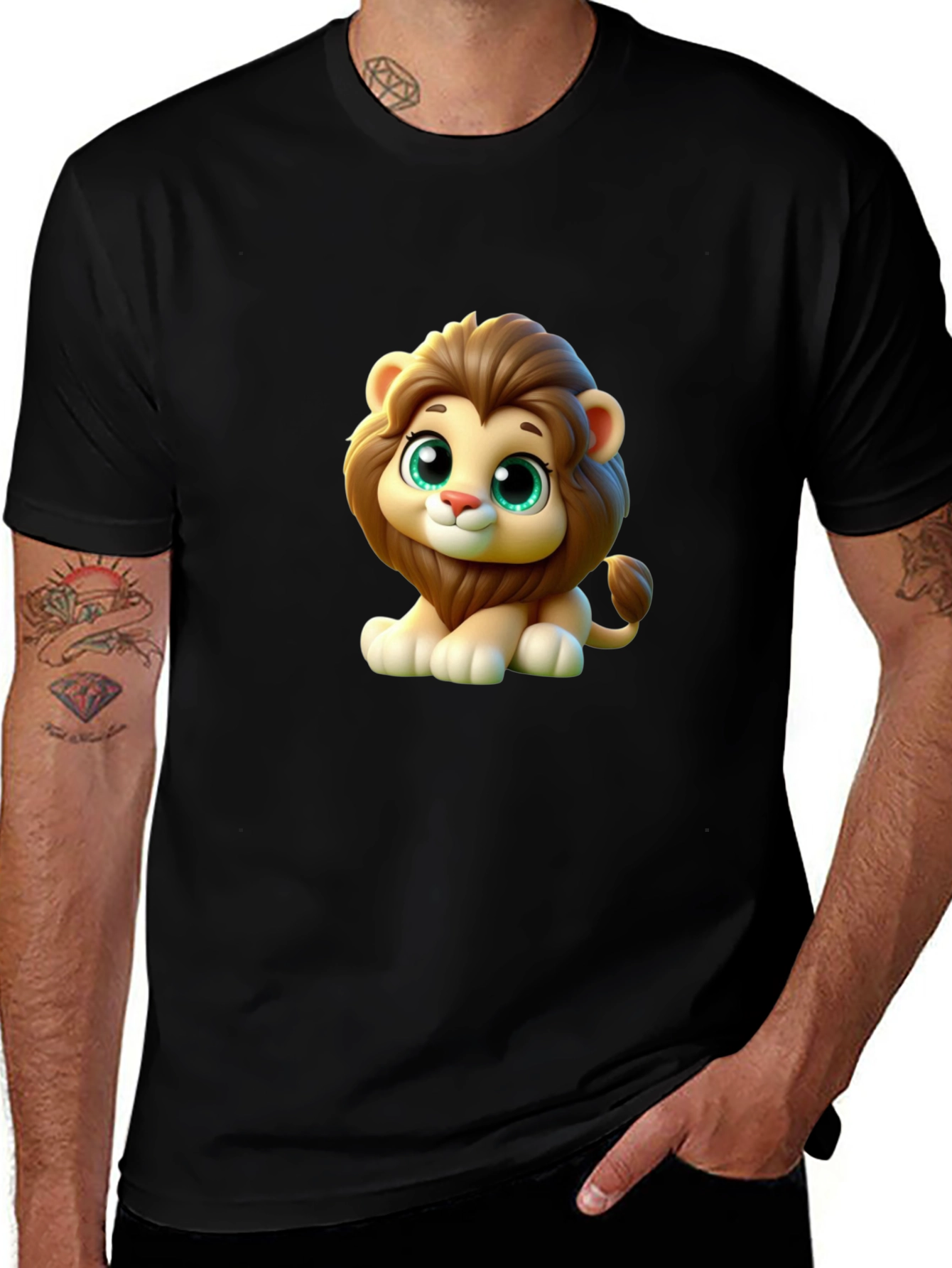 Cute Cartoon Lion Graphic Black T-Shirt