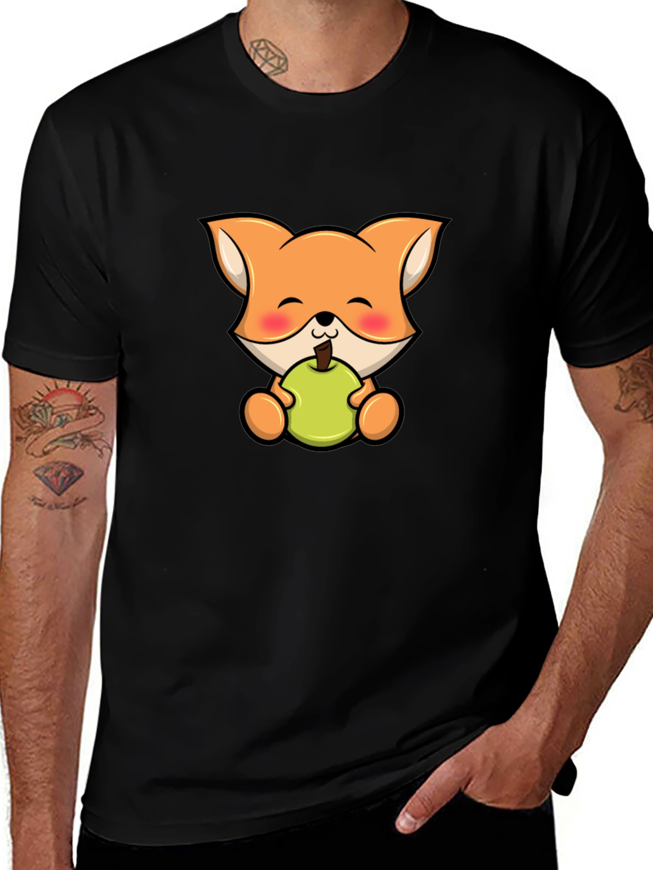 Cute Fox Eating Apple Black T-Shirt