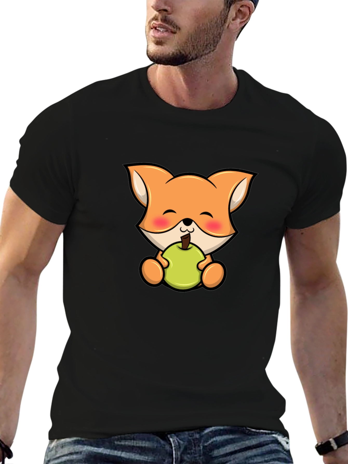 Cute Fox Eating Apple Black T-Shirt