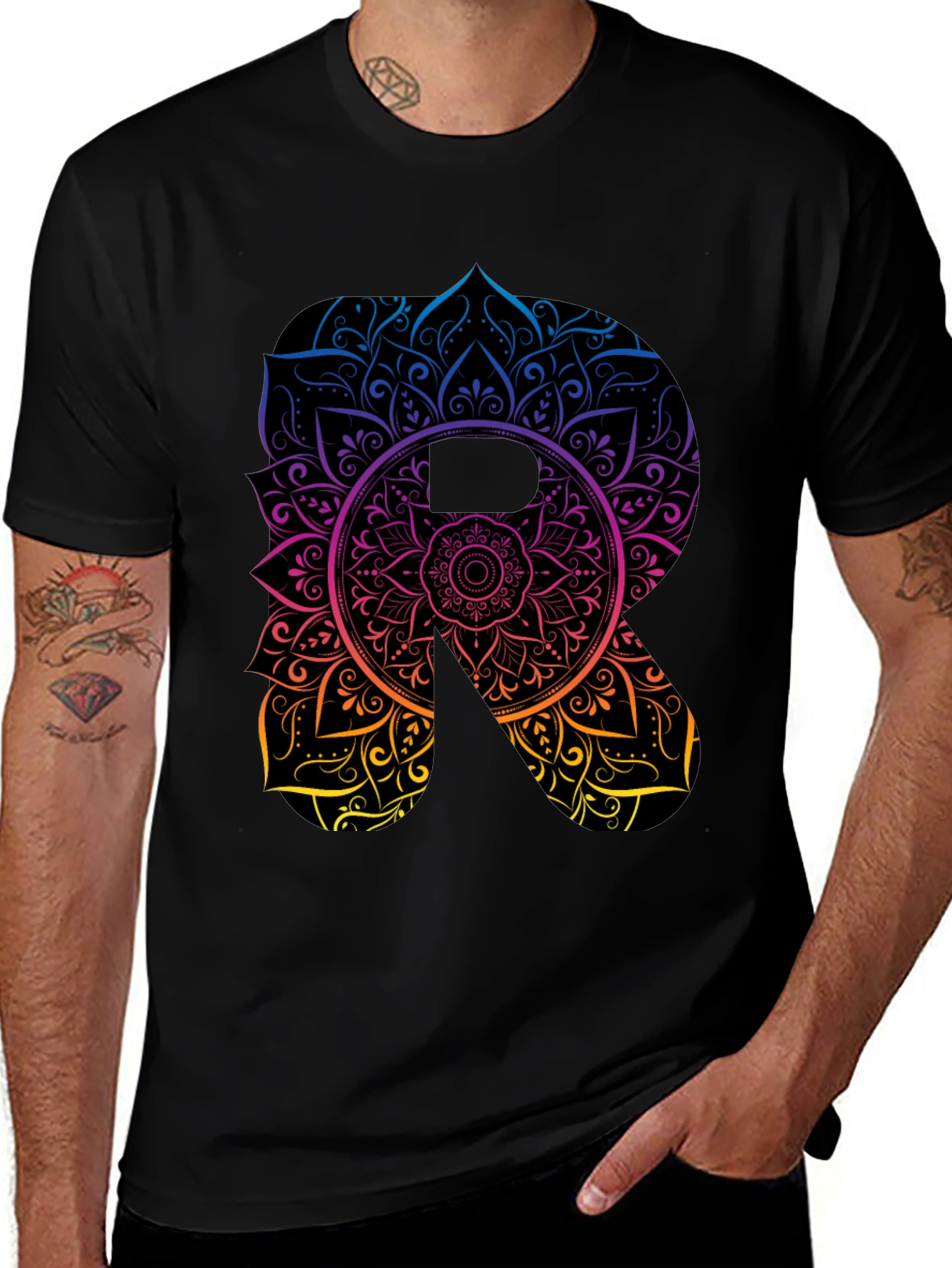 Mandala Letter R Black T-Shirt