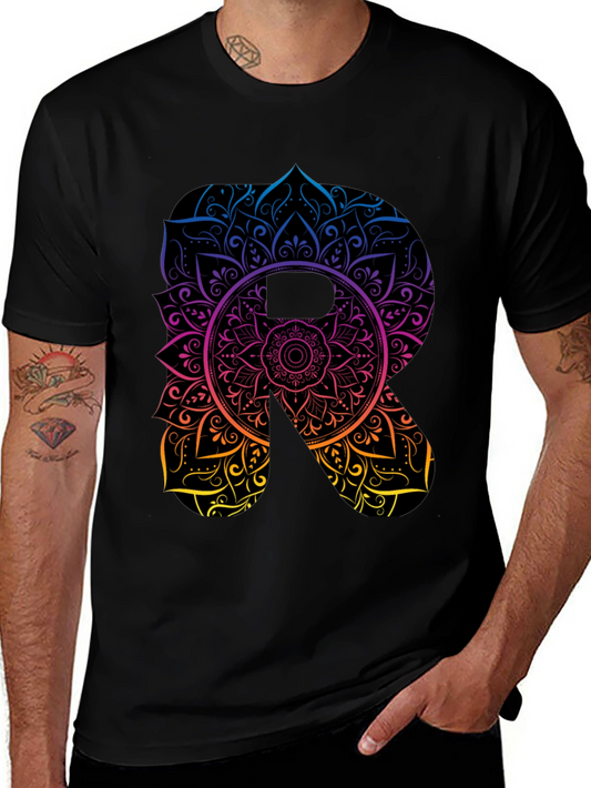 Mandala Letter R Black T-Shirt