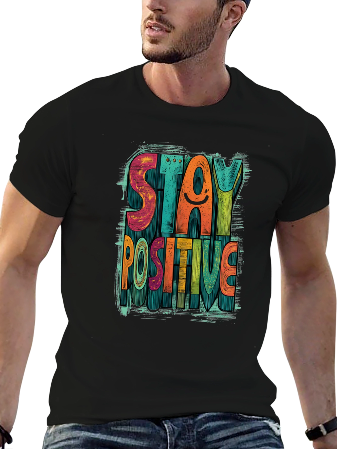 Stay Positive Graphic Tee - Mens Black Crewneck