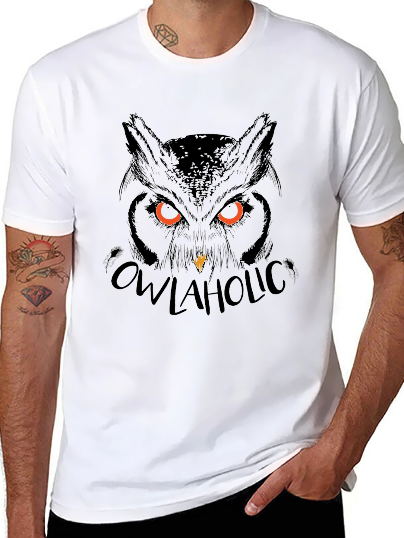 Owl Graphic Print Tee - Black Cotton Blend Casual