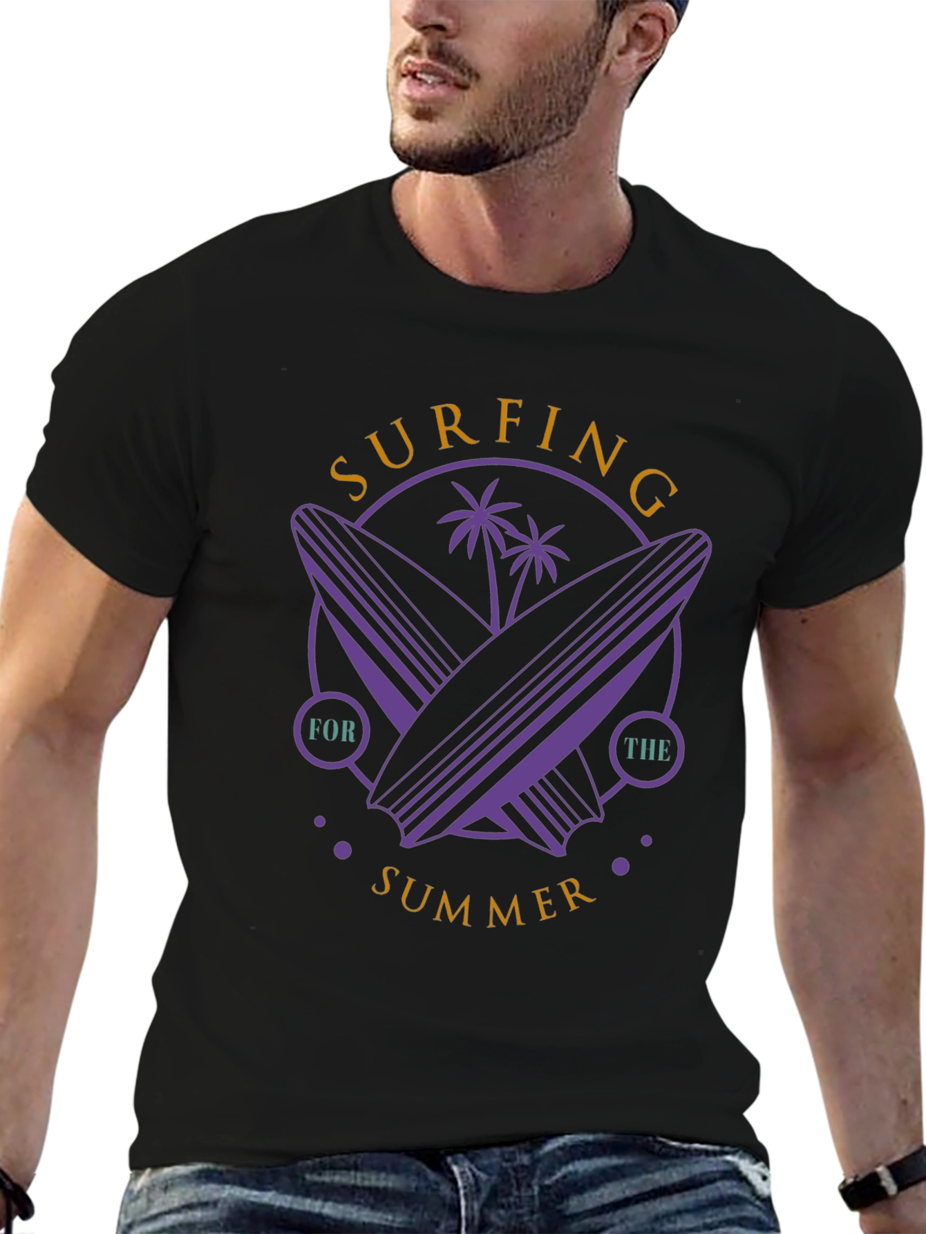 Surfing Summer Graphic Tee - Black Cotton Comfort