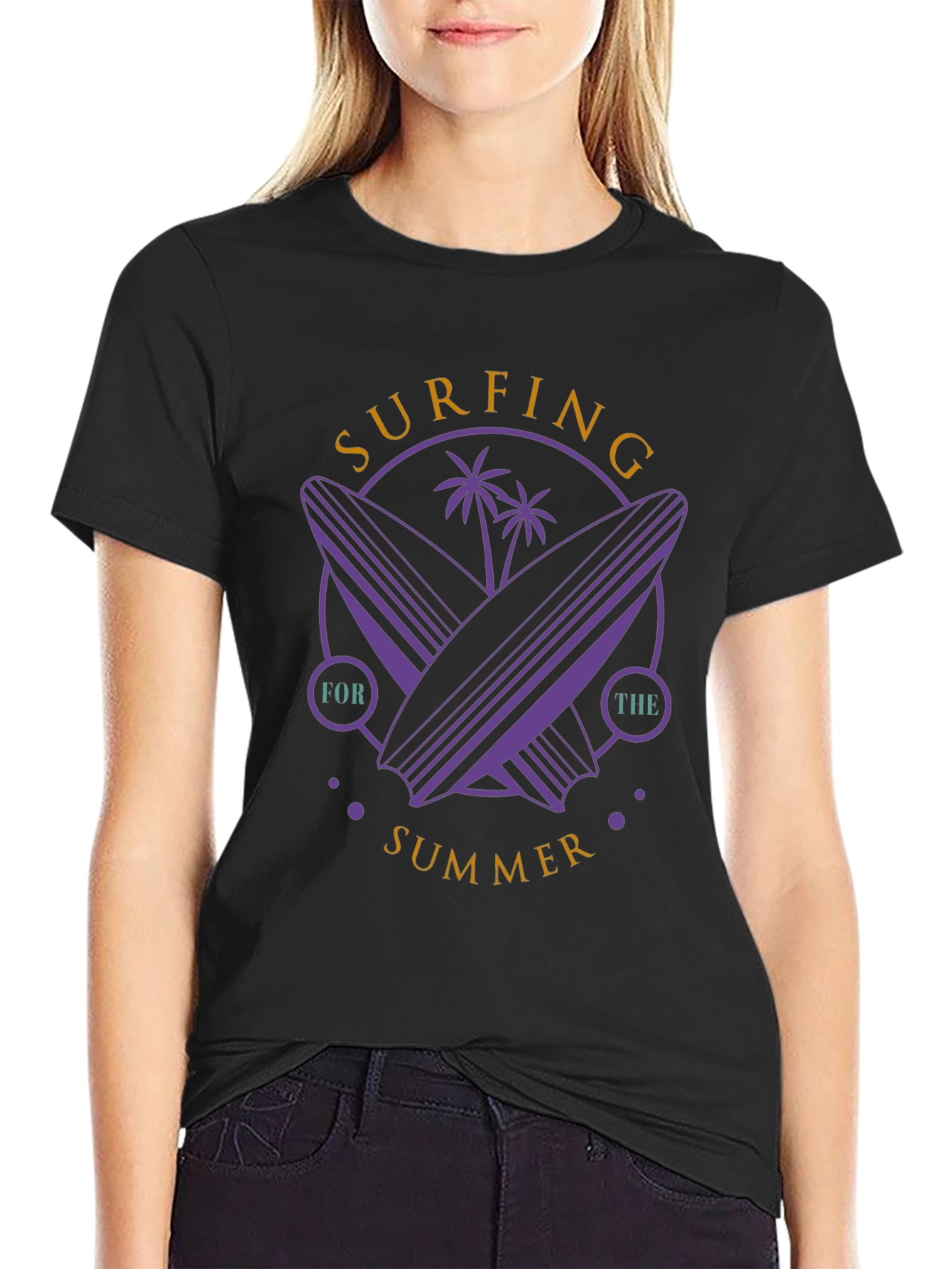Surfing Summer Graphic Tee - Black Cotton Comfort