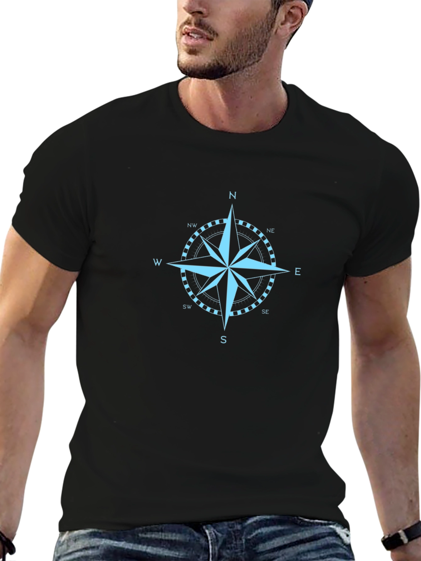 Nautical Compass Rose Graphic Tee - Black Cotton T-Shirt