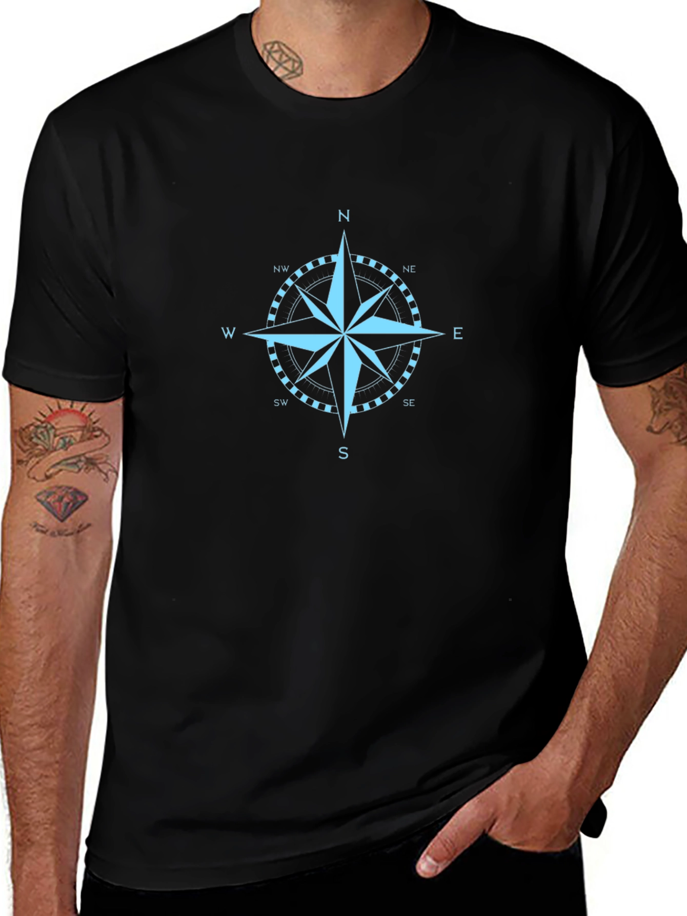 Nautical Compass Rose Graphic Tee - Black Cotton T-Shirt