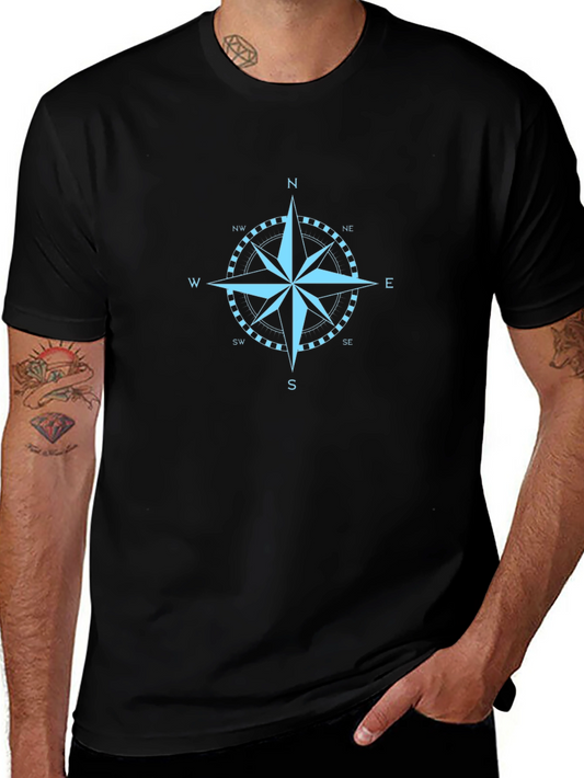 Nautical Compass Rose Graphic Tee - Black Cotton T-Shirt