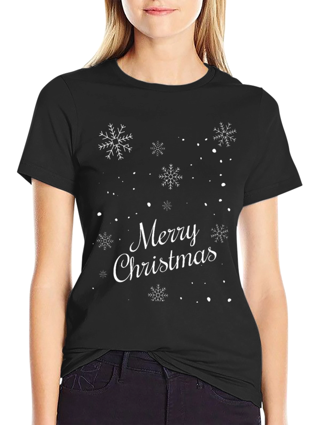 Merry Christmas Snowflakes Black T-Shirt