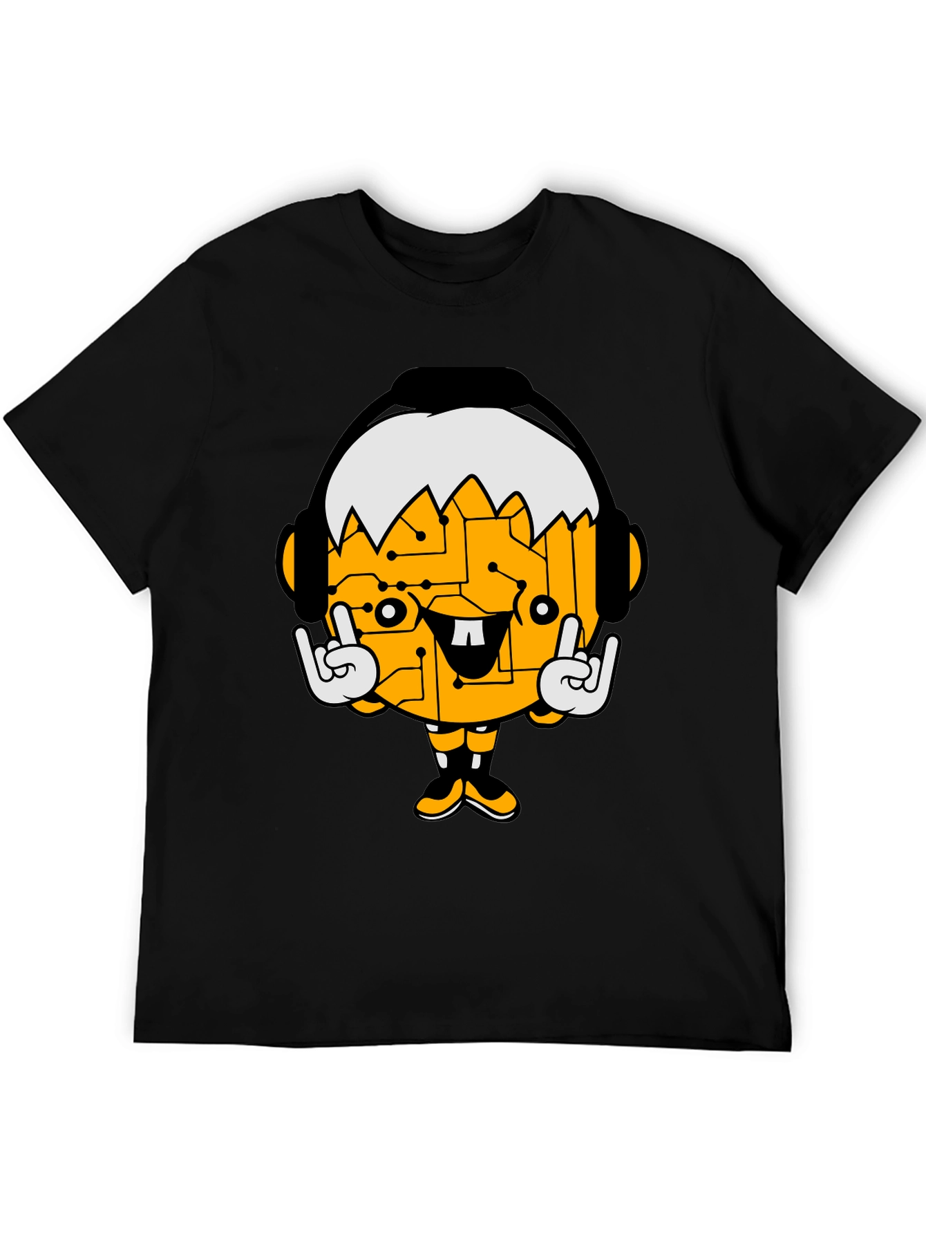 Tech Head Cartoon Graphic Black T-Shirt
