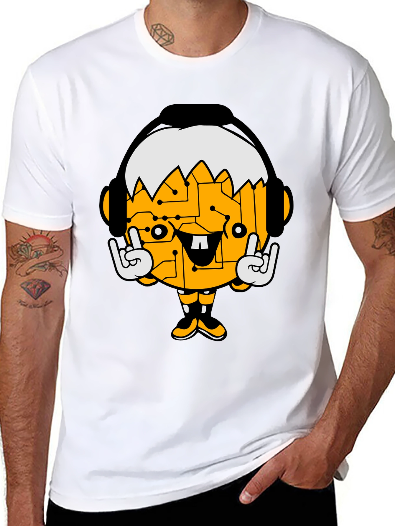 Tech Head Cartoon Graphic Black T-Shirt