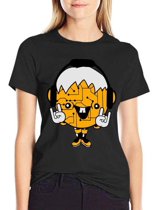 Tech Head Cartoon Graphic Black T-Shirt