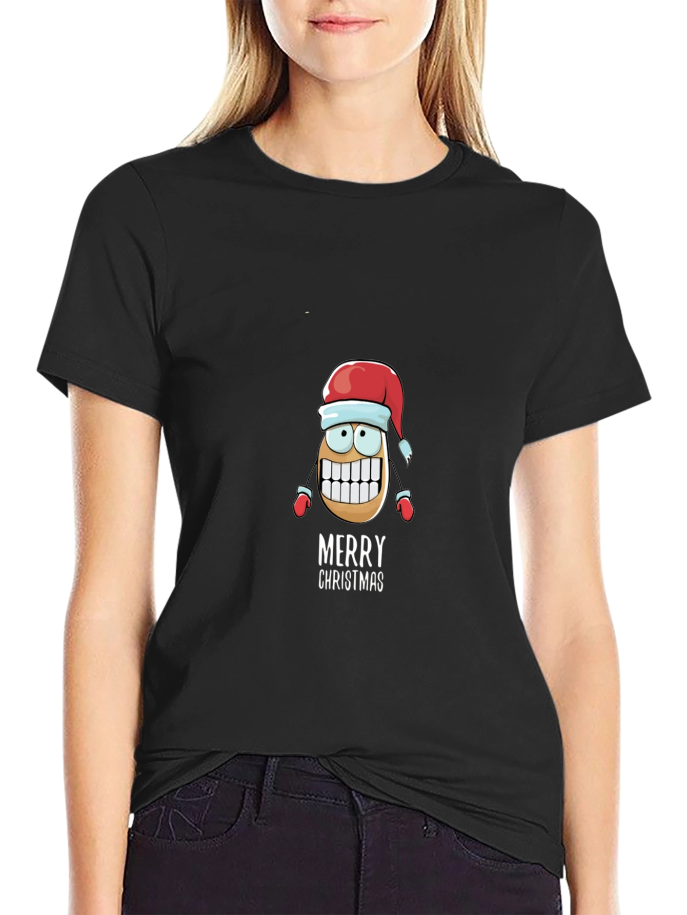 Merry Christmas Cartoon Potato Black T-Shirt