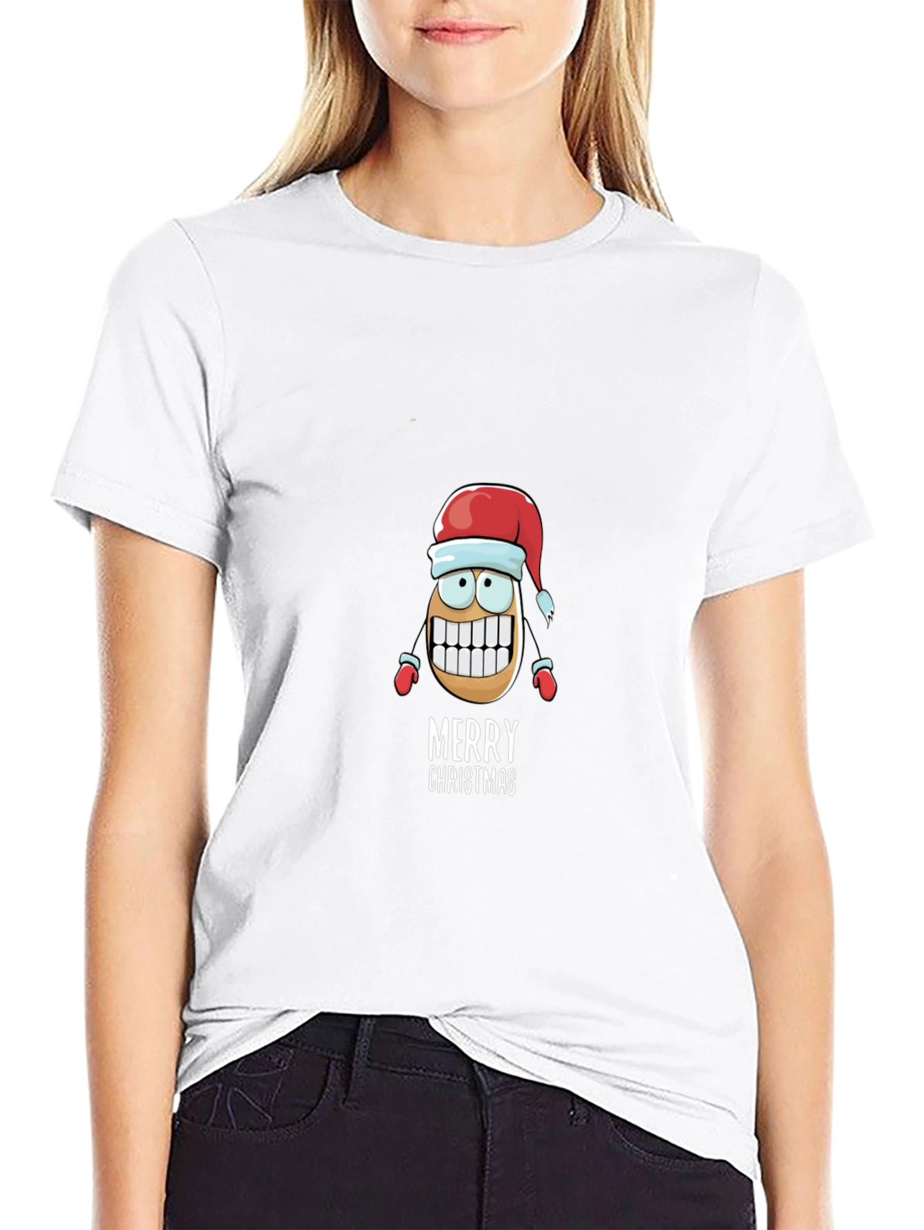 Merry Christmas Cartoon Potato Black T-Shirt