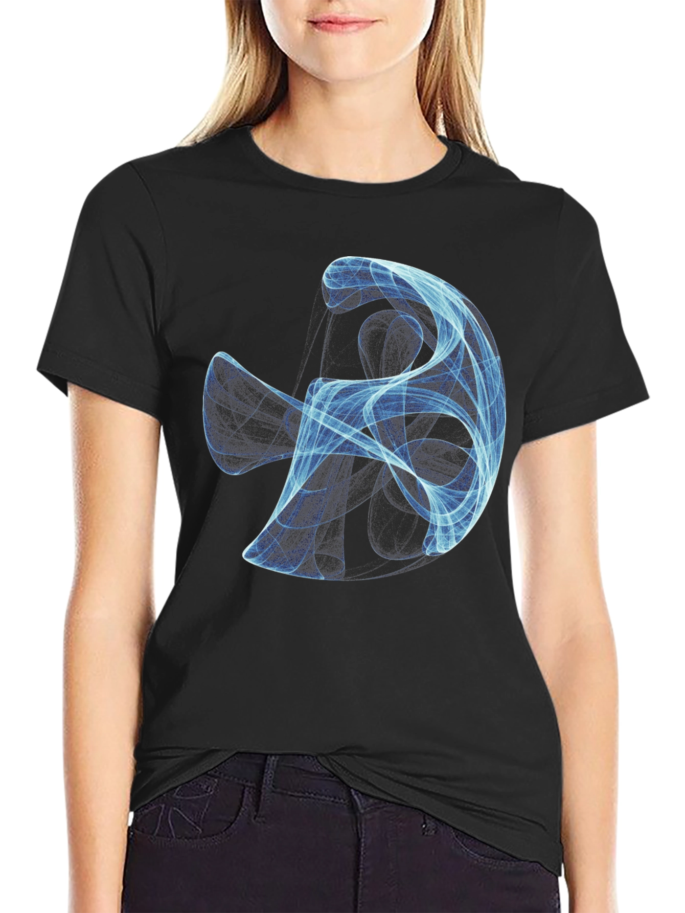 Abstract Blue Swirl Graphic Black T-Shirt