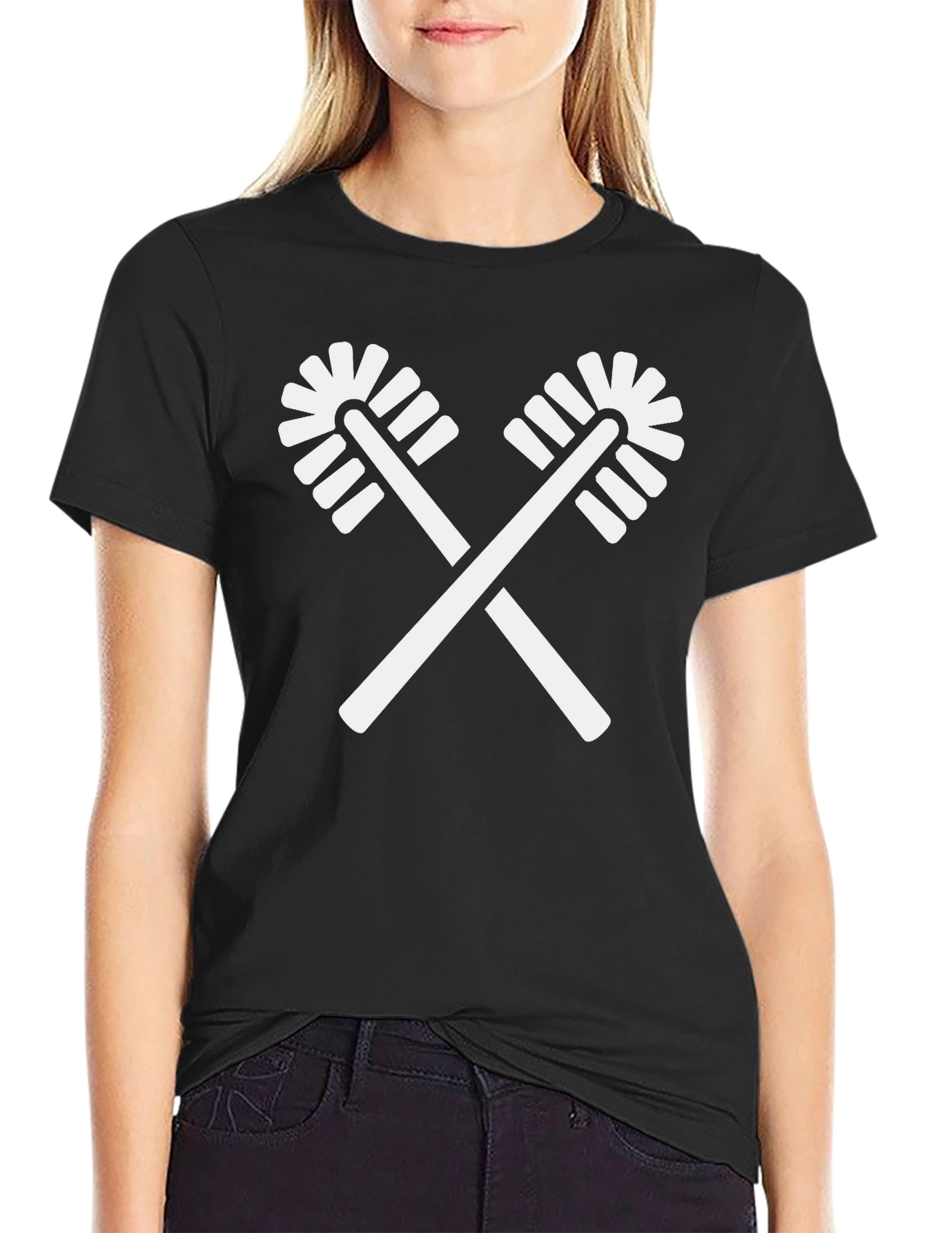 Novelty Toilet Brush Crossed T-Shirt - Black Cotton Crewneck