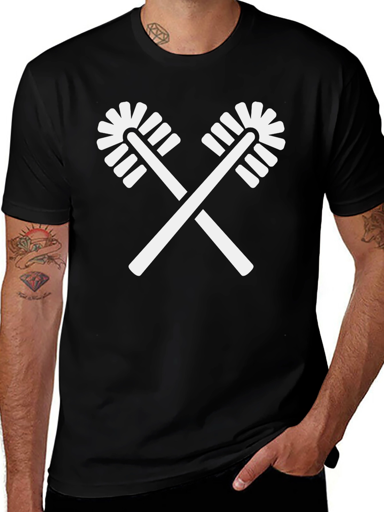 Novelty Toilet Brush Crossed T-Shirt - Black Cotton Crewneck