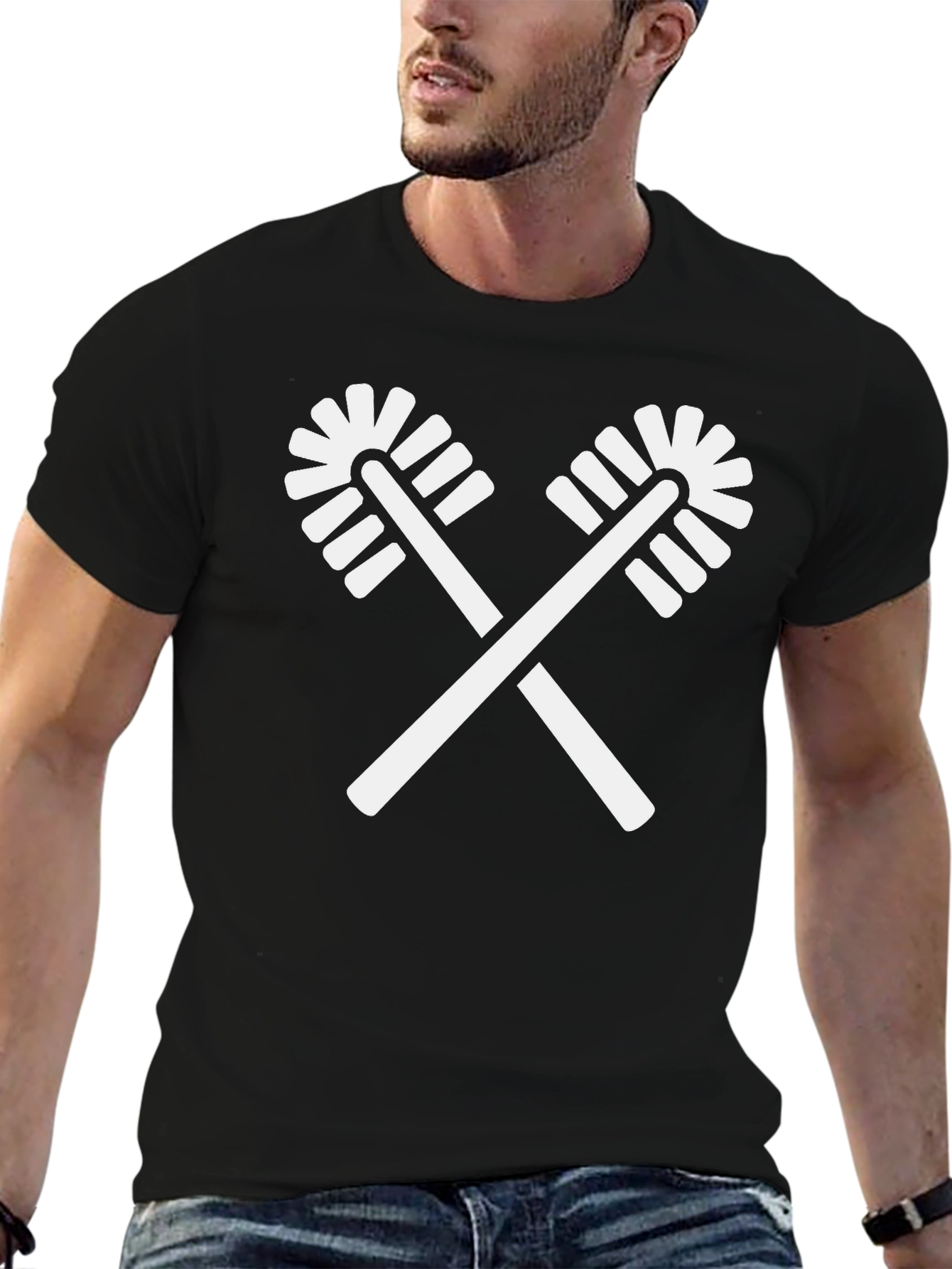 Novelty Toilet Brush Crossed T-Shirt - Black Cotton Crewneck