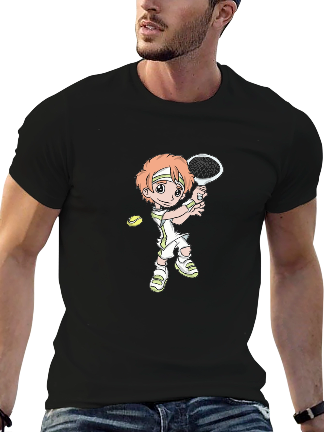 Tennis Player Cartoon Black T-Shirt