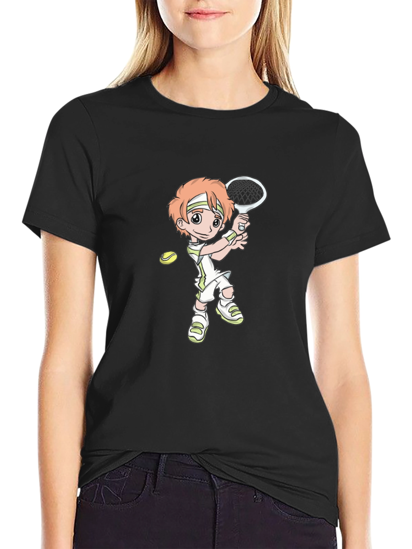 Tennis Player Cartoon Black T-Shirt