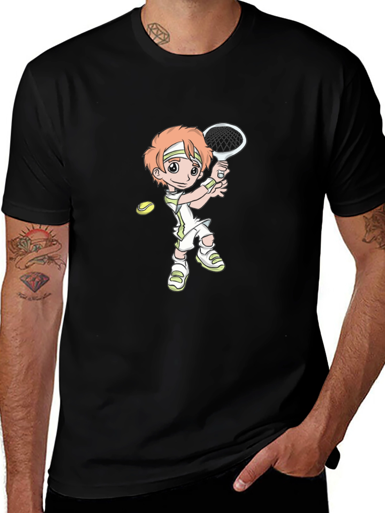 Tennis Player Cartoon Black T-Shirt