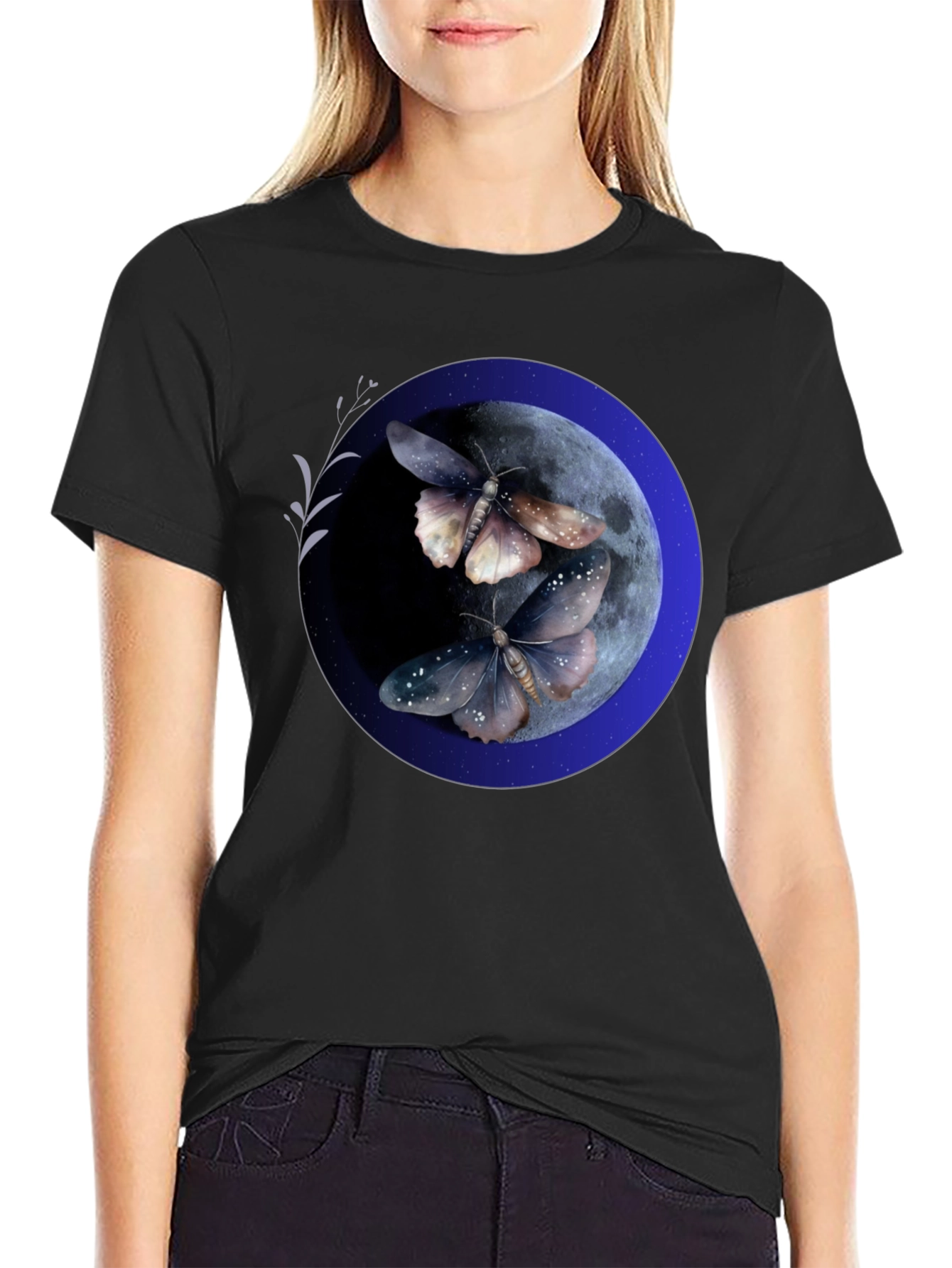 Moonlit Moth Graphic Tee - Black Cotton Blend