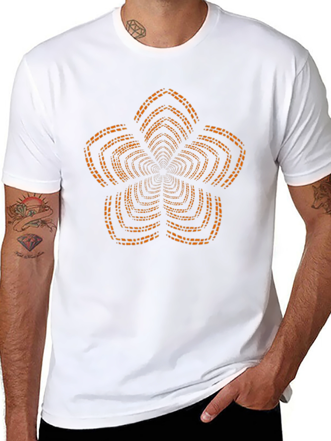 Black T-Shirt with Orange Geometric Floral Print