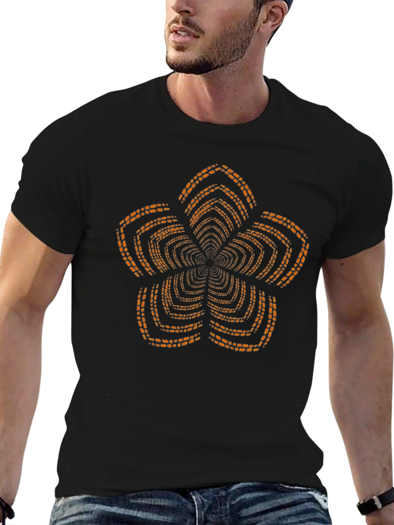 Black T-Shirt with Orange Geometric Floral Print