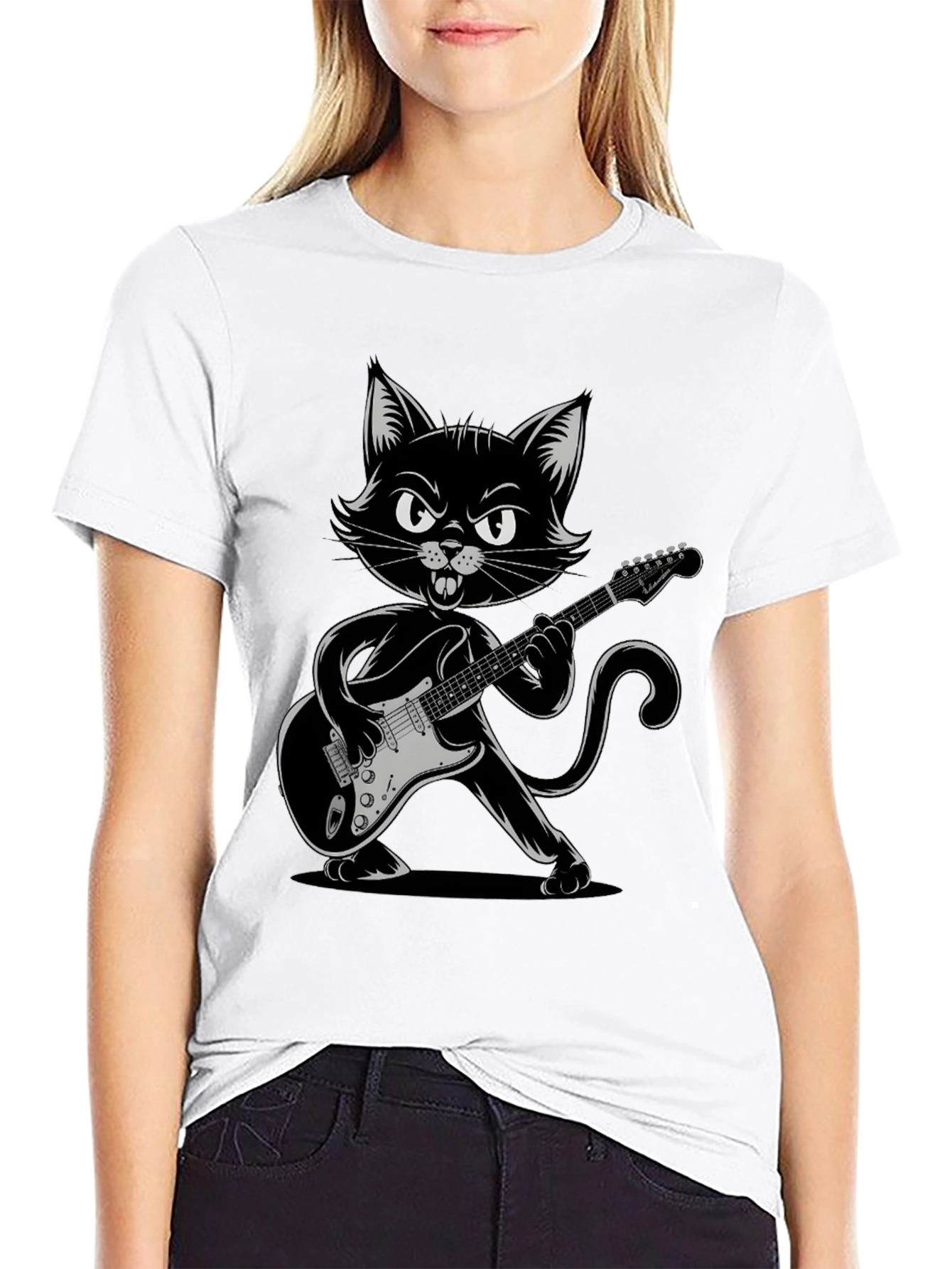 Cool Cat Guitarist Graphic Tee - Black