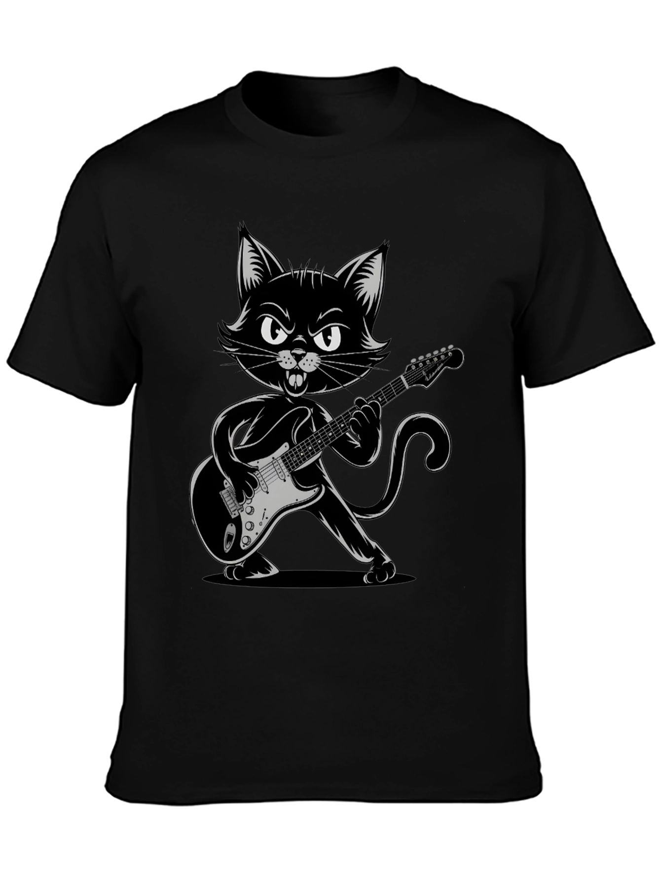 Cool Cat Guitarist Graphic Tee - Black