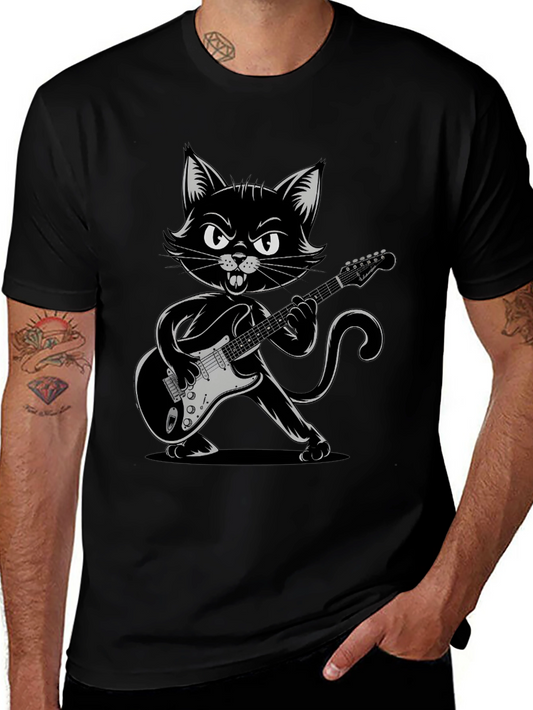 Cool Cat Guitarist Graphic Tee - Black