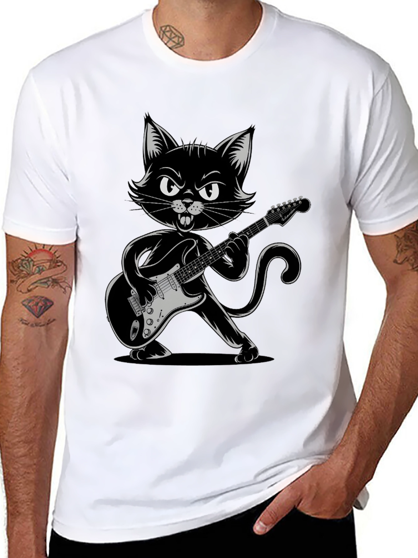 Cool Cat Guitarist Graphic Tee - Black
