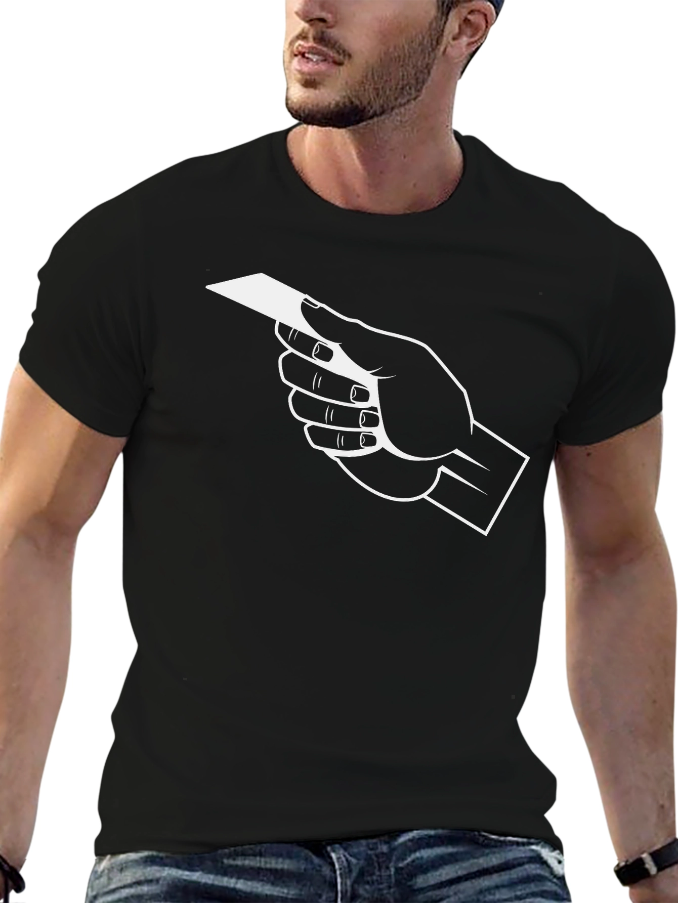 Hand Holding Card Graphic Tee - Black Cotton T-Shirt