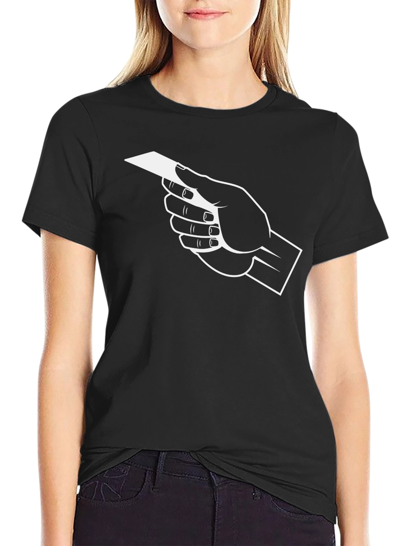 Hand Holding Card Graphic Tee - Black Cotton T-Shirt
