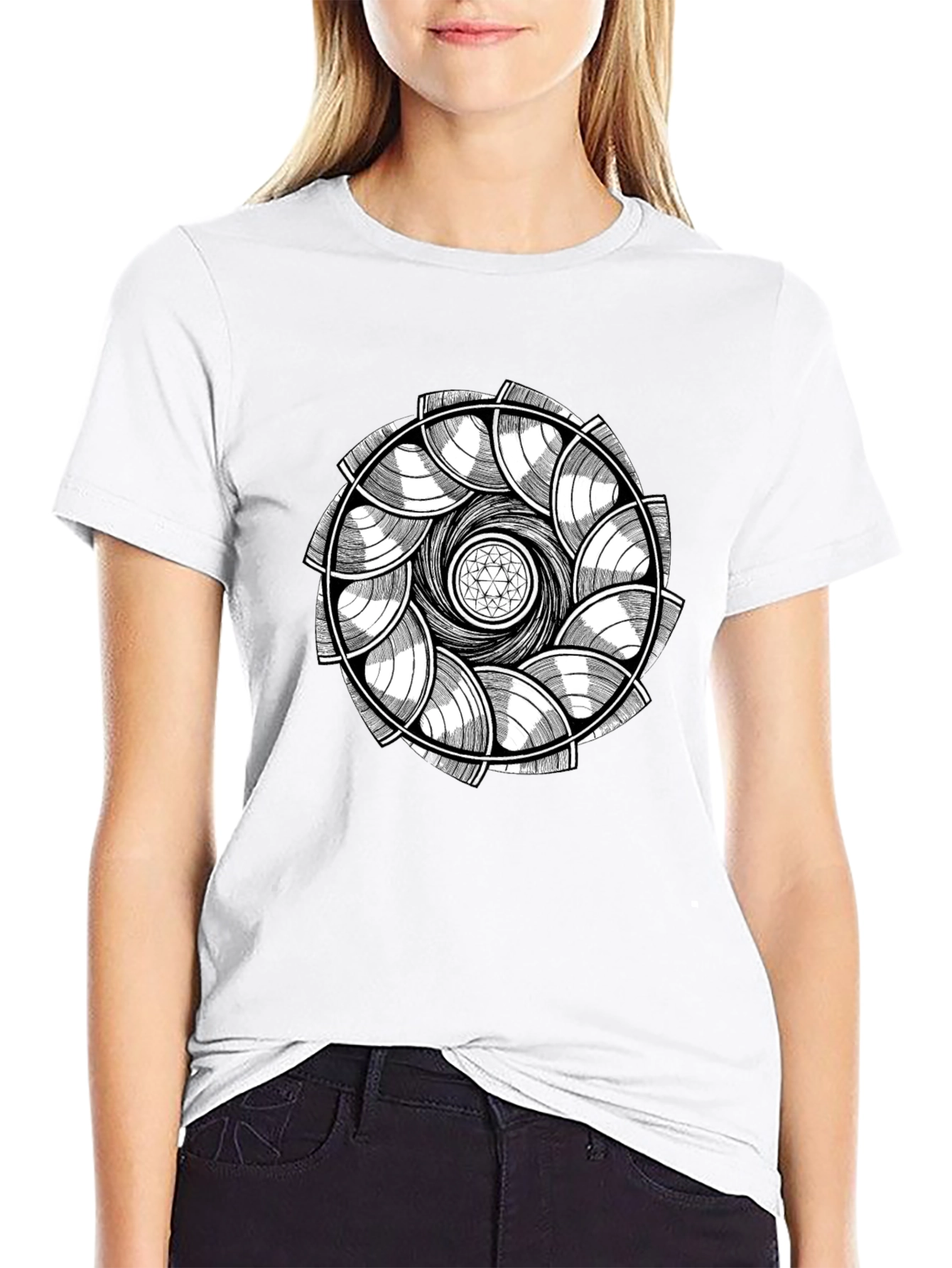 Abstract Geometric Mandala Graphic Tee - Black