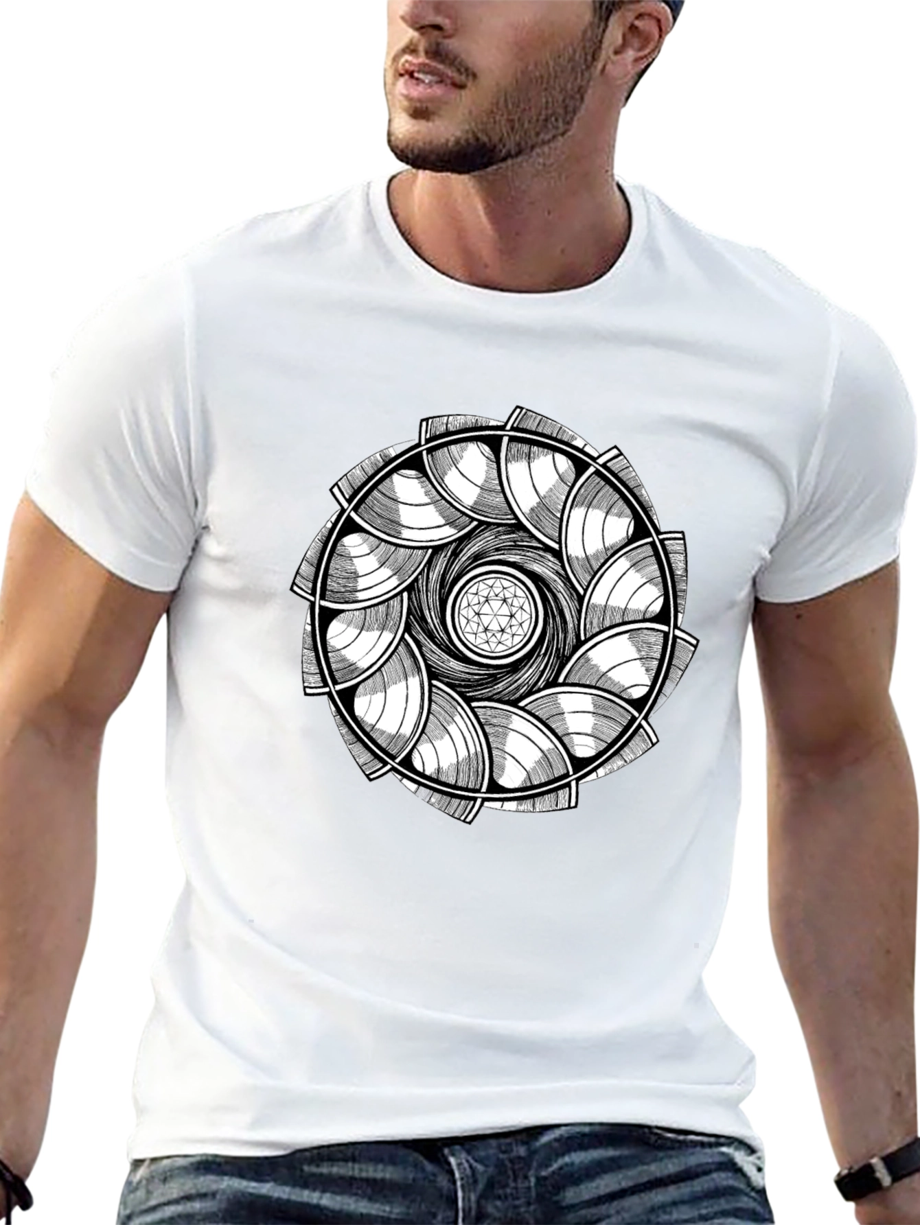 Abstract Geometric Mandala Graphic Tee - Black